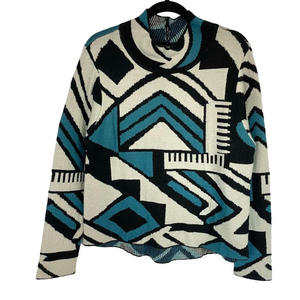 Vintage Y2K 90s knit Dad sweater geometric retro black blue Mock Neck Men’s M